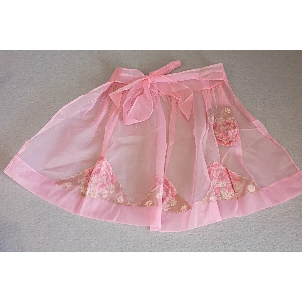 Vintage Handmade Half Apron Sheer Pink Floral Shabby‎ Chic Cottagecore Cute